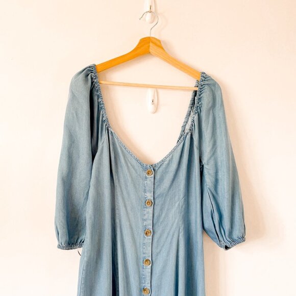 Zara Premium Denim Chambray Off Shoulder Midi Button Down Dress Blue Medium - Picture 9 of 13